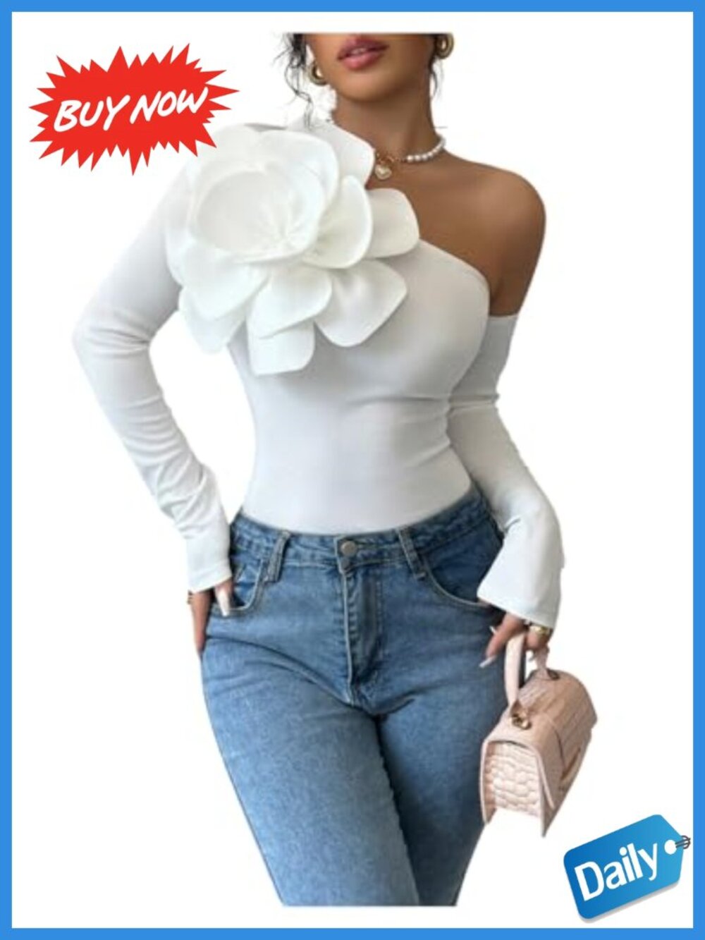 3D Flower One Shoulder Ribbed Knit Long Sleeve Fitted Top Blouse
